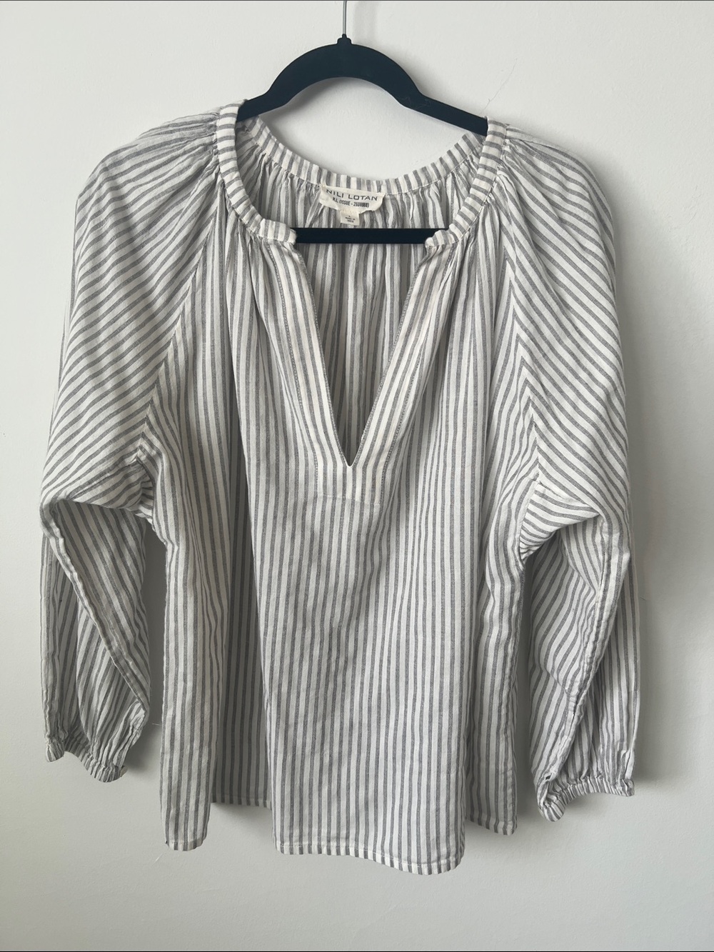 Nili Lotan Cream and Gray Striped Peasant Tunic